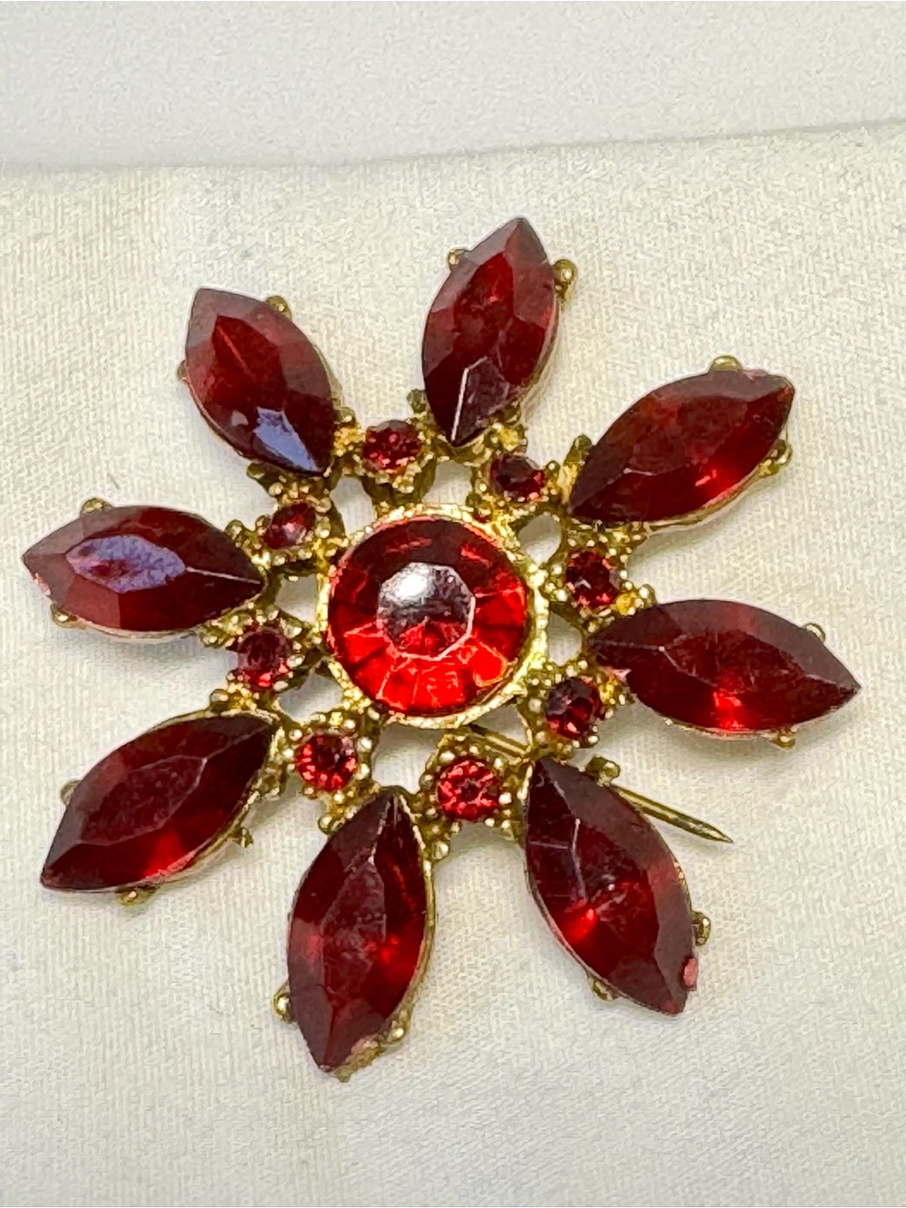 Vintage  Red Crystal Flower Brooch -for Christmas!!